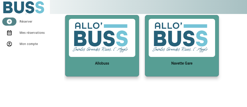 nterface principale du service « Allo’ Buss ». Sur la gauche, un menu vertical avec les options « Réserver », « Mes réservations » et « Mon compte ». Au centre, deux grandes cartes cliquables affichant le logo « Allo’ Buss », intitulées « Allobuss » et « Navette Gare », permettant de choisir un type de service de transport.