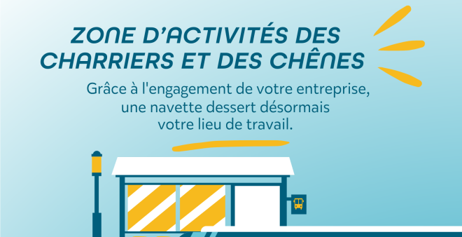 image d'un bus et abris bus pour indiquer que cette navette dessert la zone des charriers et des chenes