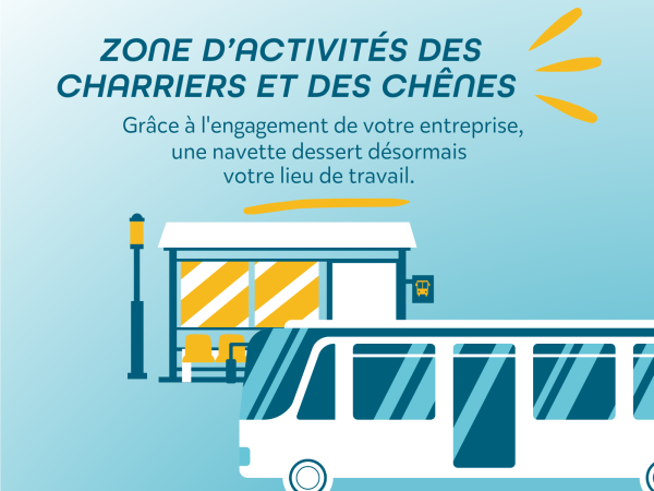 image d'un bus et abris bus pour indiquer que cette navette dessert la zone des charriers et des chenes